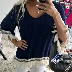 Navy and Cream Fringe Top
